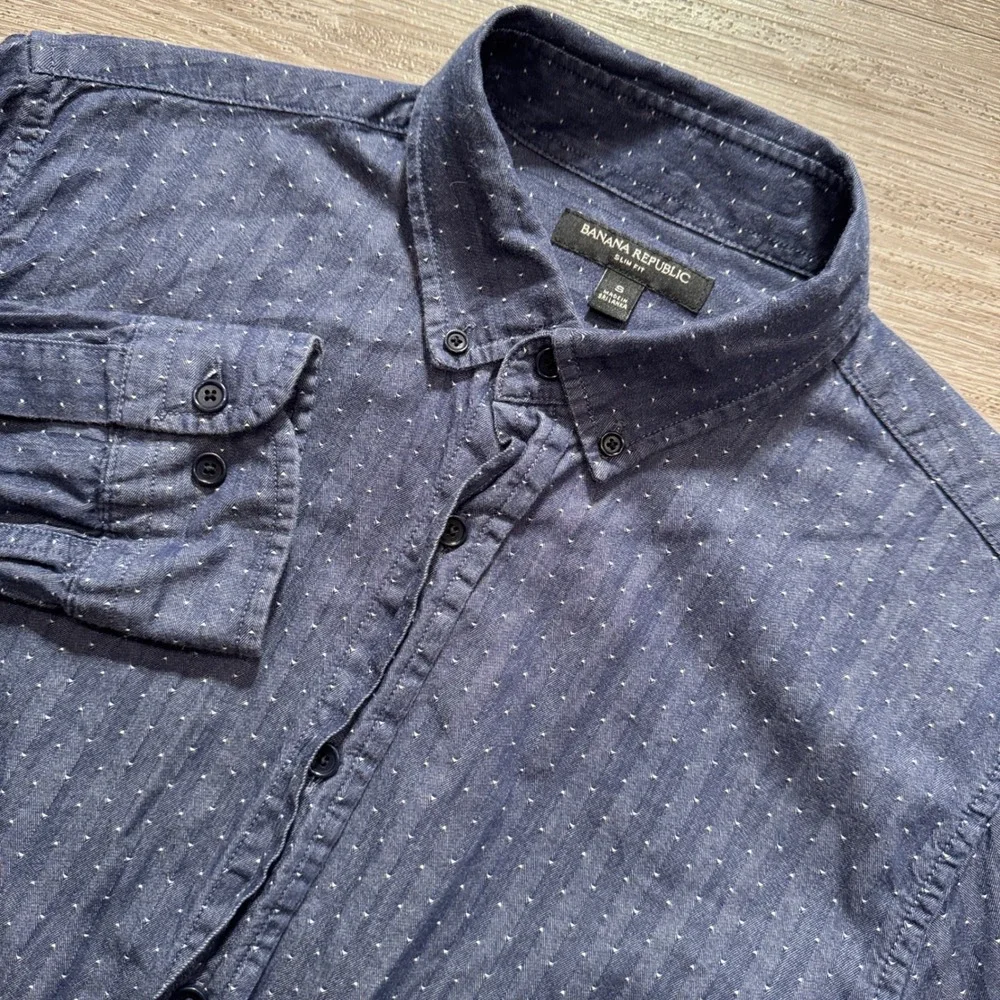 Banana Republic Shirt Mens S Blue Polka Dot Herringbone Slim Button Up Casual